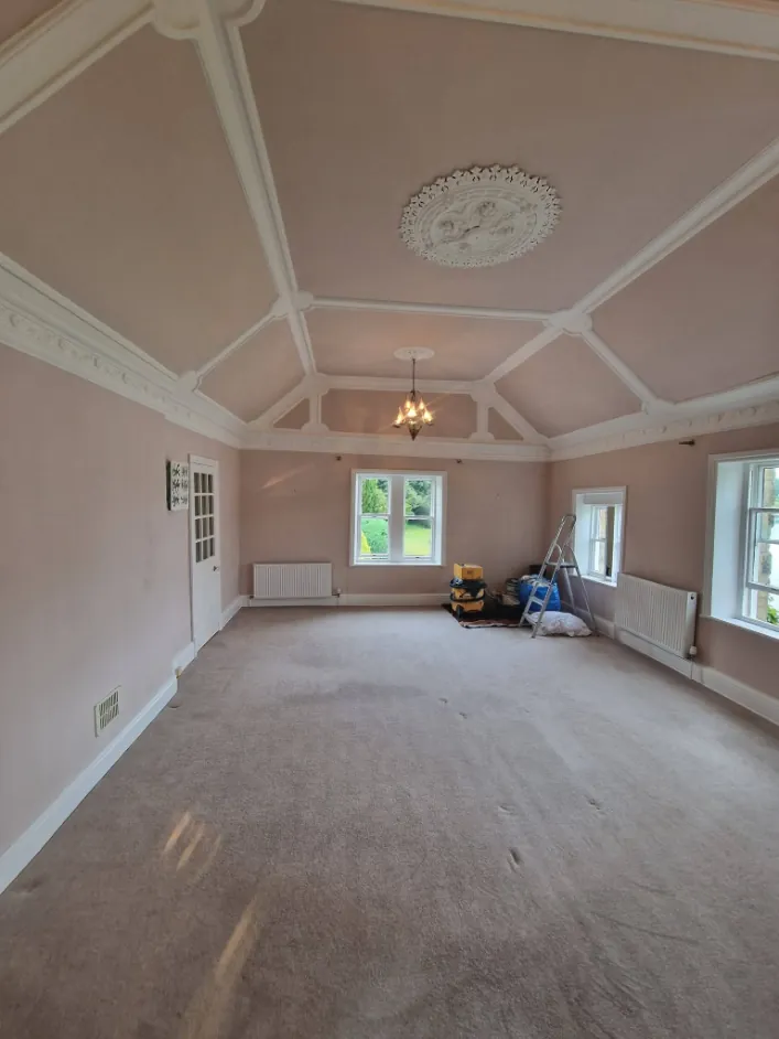 Large room with a panelled ceiling in blush pink and white mouldings and a ceiling rose