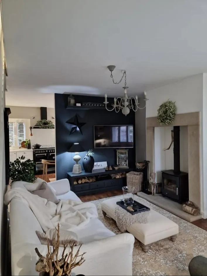 Living room with a navy feature wall, white walls and a log burner